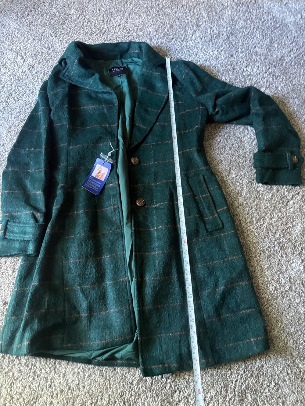 Forest Green Plaid Wool-Blend Pea Coat - Picture 5 of 7